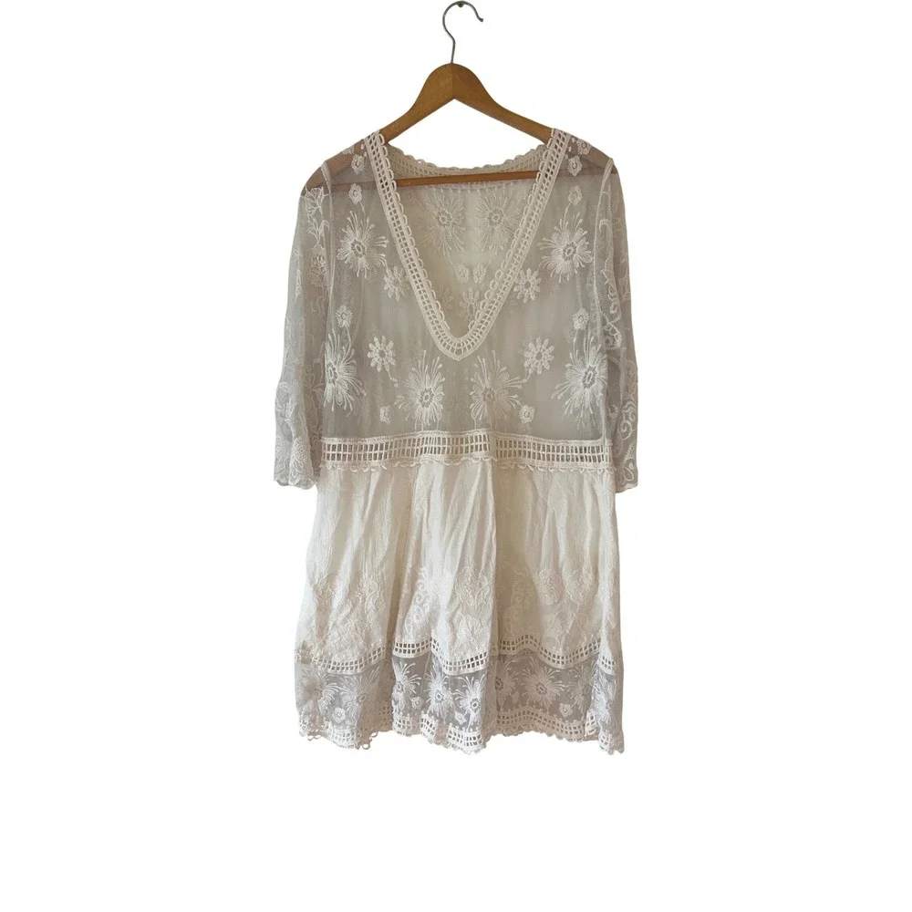 White Floral Lace Crochet Small Beach Cover Up Sheer Boho Mini Dress Festival